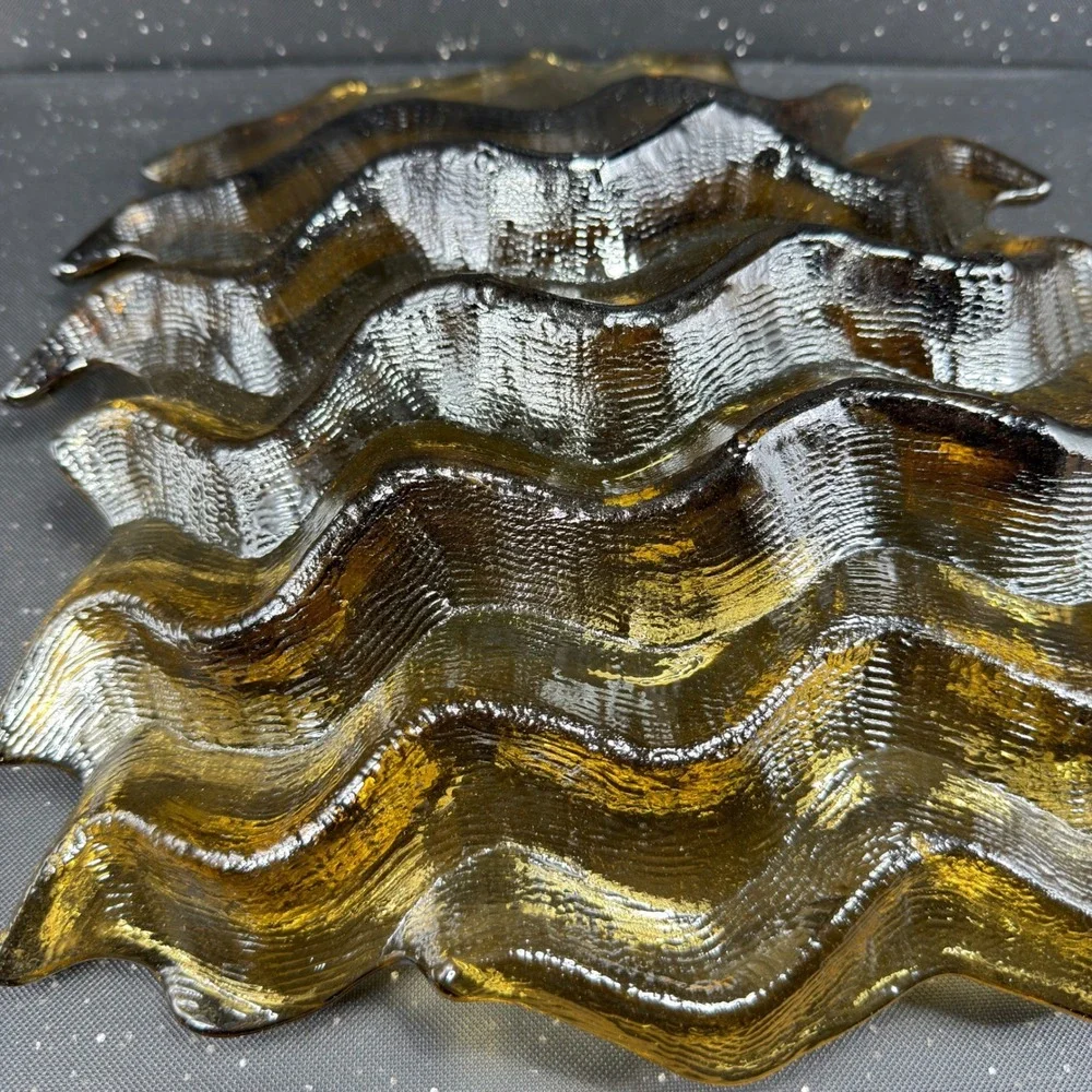 Hudson‎ Beach Amber Gold Textured Wavy Art Glass Centerpiece Bowl 13in Blown